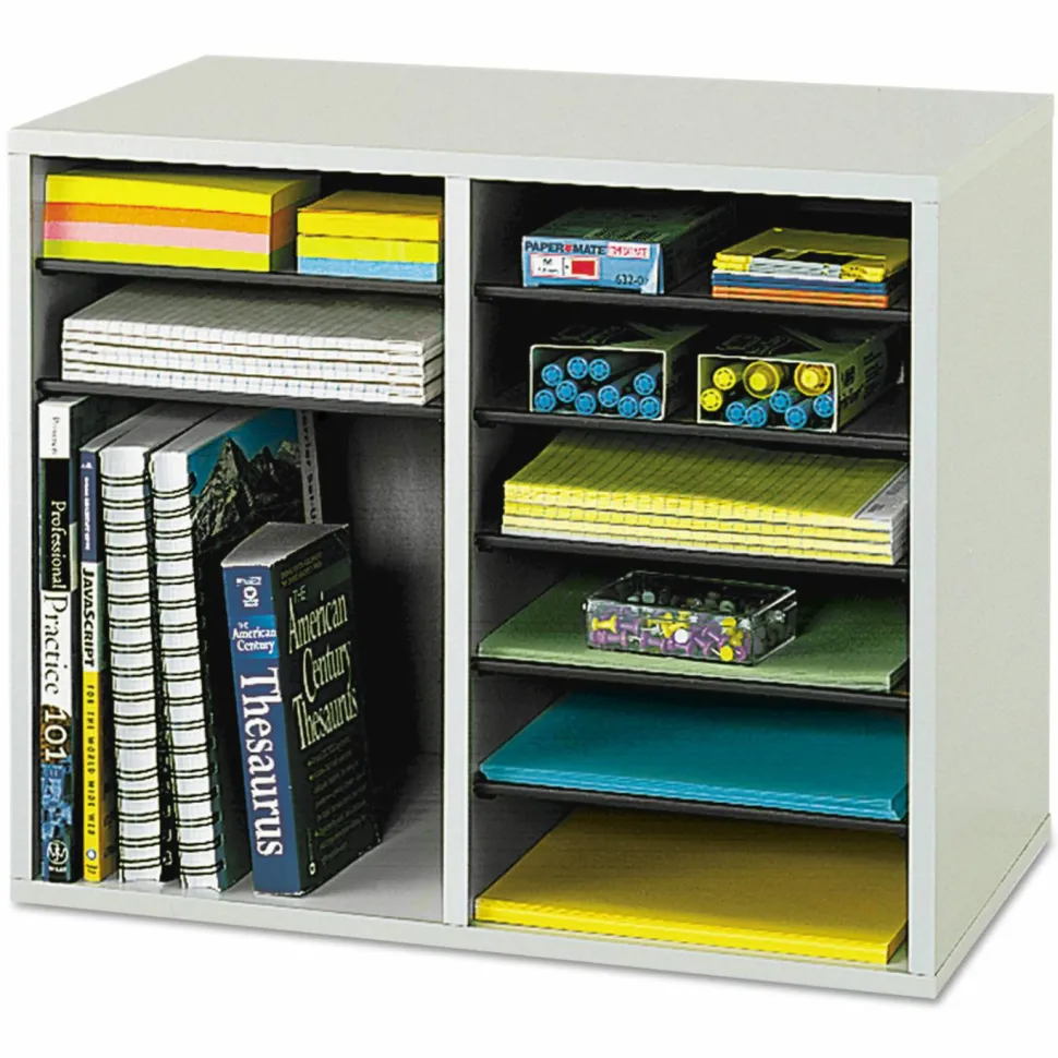 Safco Wood Adjustable 12-Compartment Literature Organizer, 16"H x 19 1/2"W x 12"D, Gray