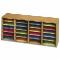 Safco Adjustable Wood Literature Organizer, 16 3/8"H x 39 3/8"W x 11 3/4"D, 24 Compartments, Oak