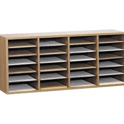 Safco Adjustable Wood Literature Organizer, 16 3/8"H x 39 3/8"W x 11 3/4"D, 24 Compartments, Oak