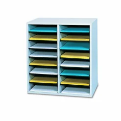 Safco Adjustable Wood Literature Organizer, 20"H x 19 1/2"W x 11 3/4"D, 16 Compartments, Gray