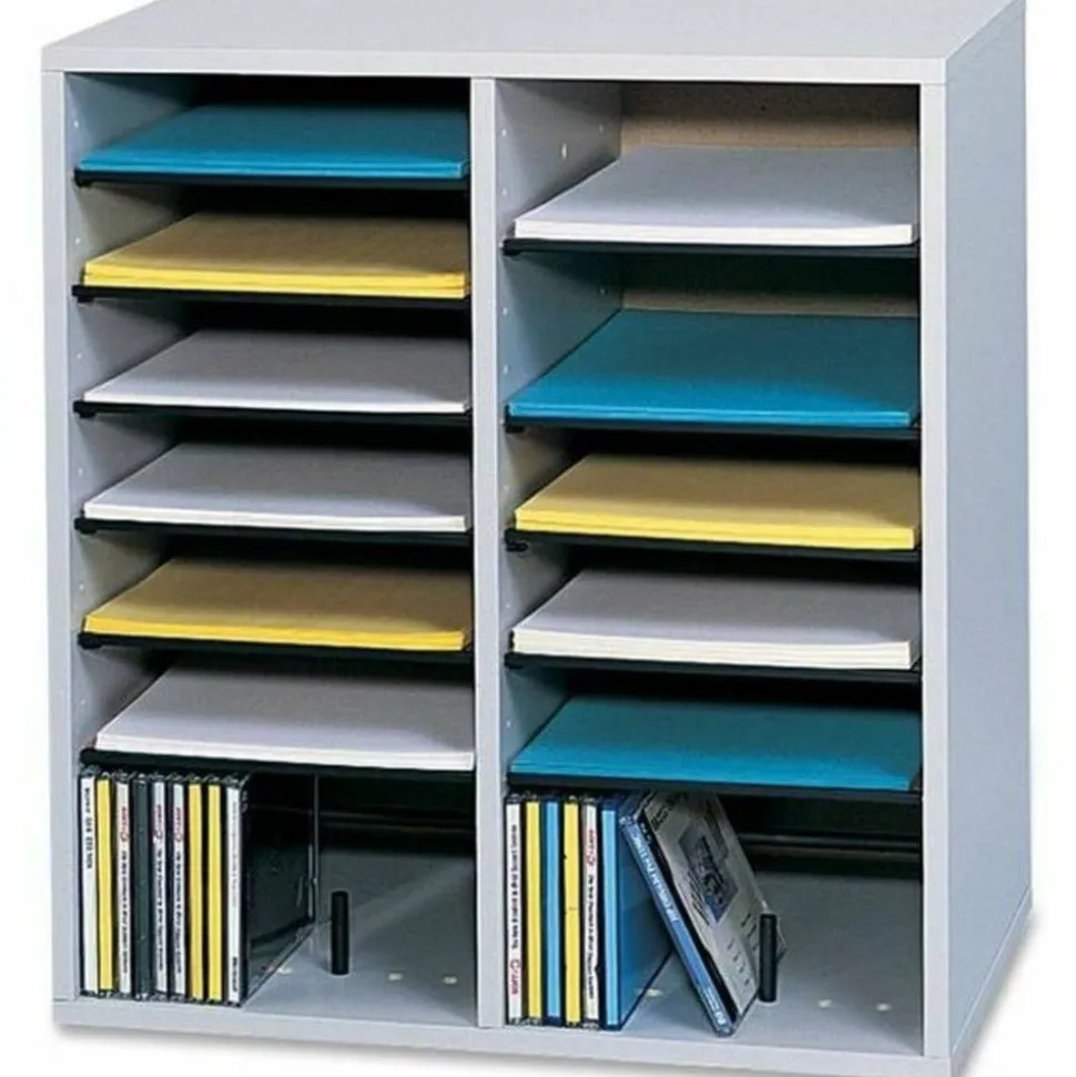 Safco Adjustable Wood Literature Organizer, 20"H x 19 1/2"W x 11 3/4"D, 16 Compartments, Gray