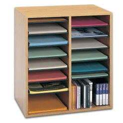 Safco Adjustable Wood Literature Organizer, 20"H x 19 1/2"W x 11 3/4"D, 16 Compartments, Oak