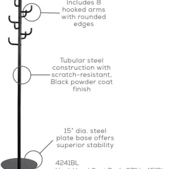 Safco Hook Head Coat Rack, 8 Hooks, 67"H, for Coat, Jacket, Purse, Hat, Garment, Tubular Steel, Black, Powder Coated