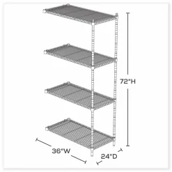 Safco Industrial Add-On Unit, Four-Shelf, 36w x 24d x 72h, Steel, Black