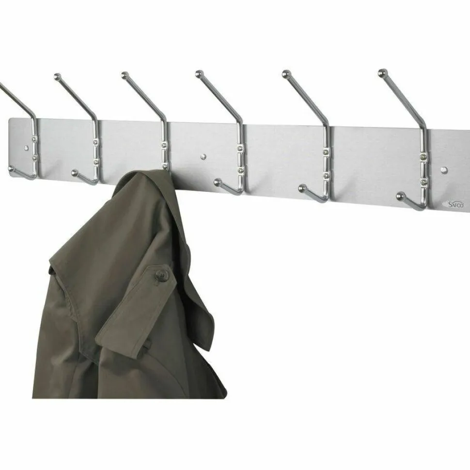Safco Metal Wall Rack Coat Hooks, 6 Hooks, 6 3/4"H x 36"W x 3 3/4"D, Satin Aluminum