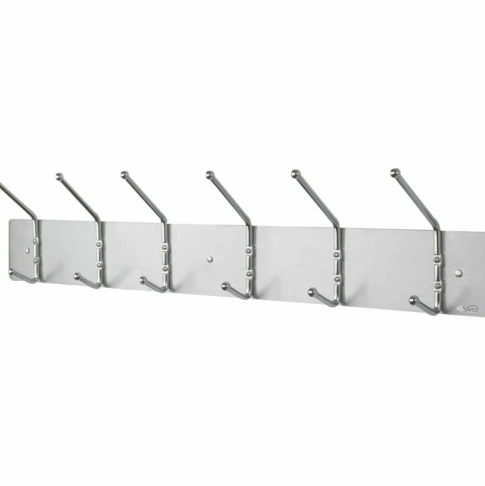 Safco Metal Wall Rack Coat Hooks, 6 Hooks, 6 3/4"H x 36"W x 3 3/4"D, Satin Aluminum