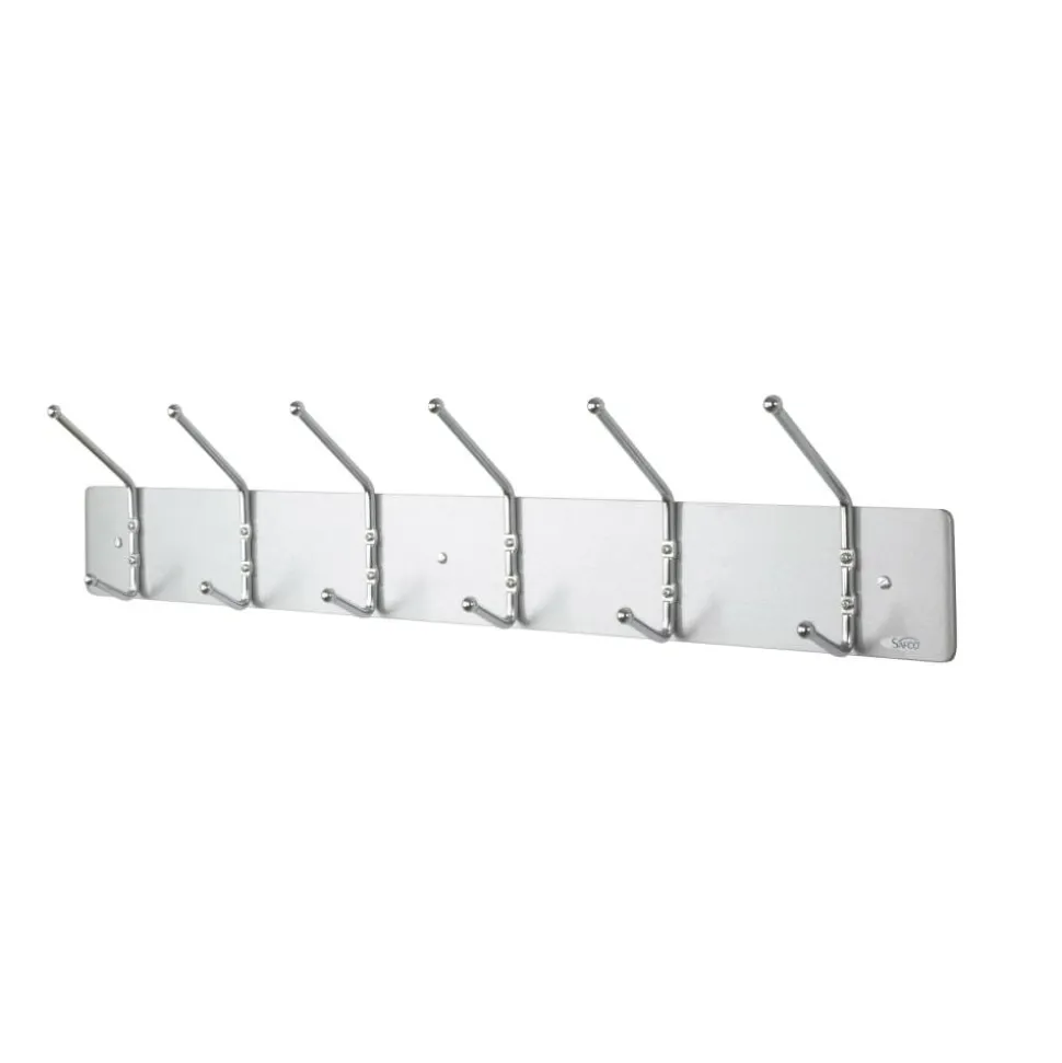 Safco Metal Wall Rack Coat Hooks, 6 Hooks, 6 3/4"H x 36"W x 3 3/4"D, Satin Aluminum