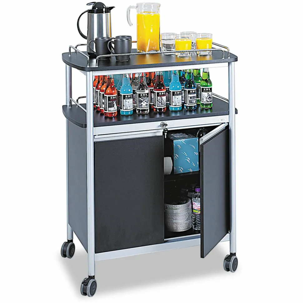 Safco Mobile Beverage Cart, 43"H x 33 1/2" W x 21 3/4" D, Black/Silver