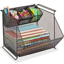 Safco Onyx Stackable Mesh Storage Bin, 4 Compartments, Steel Mesh, 14 x 15.5 x 11.75, Black