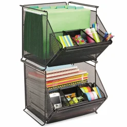 Safco Onyx Stackable Mesh Storage Bin, 4 Compartments, Steel Mesh, 14 x 15.5 x 11.75, Black
