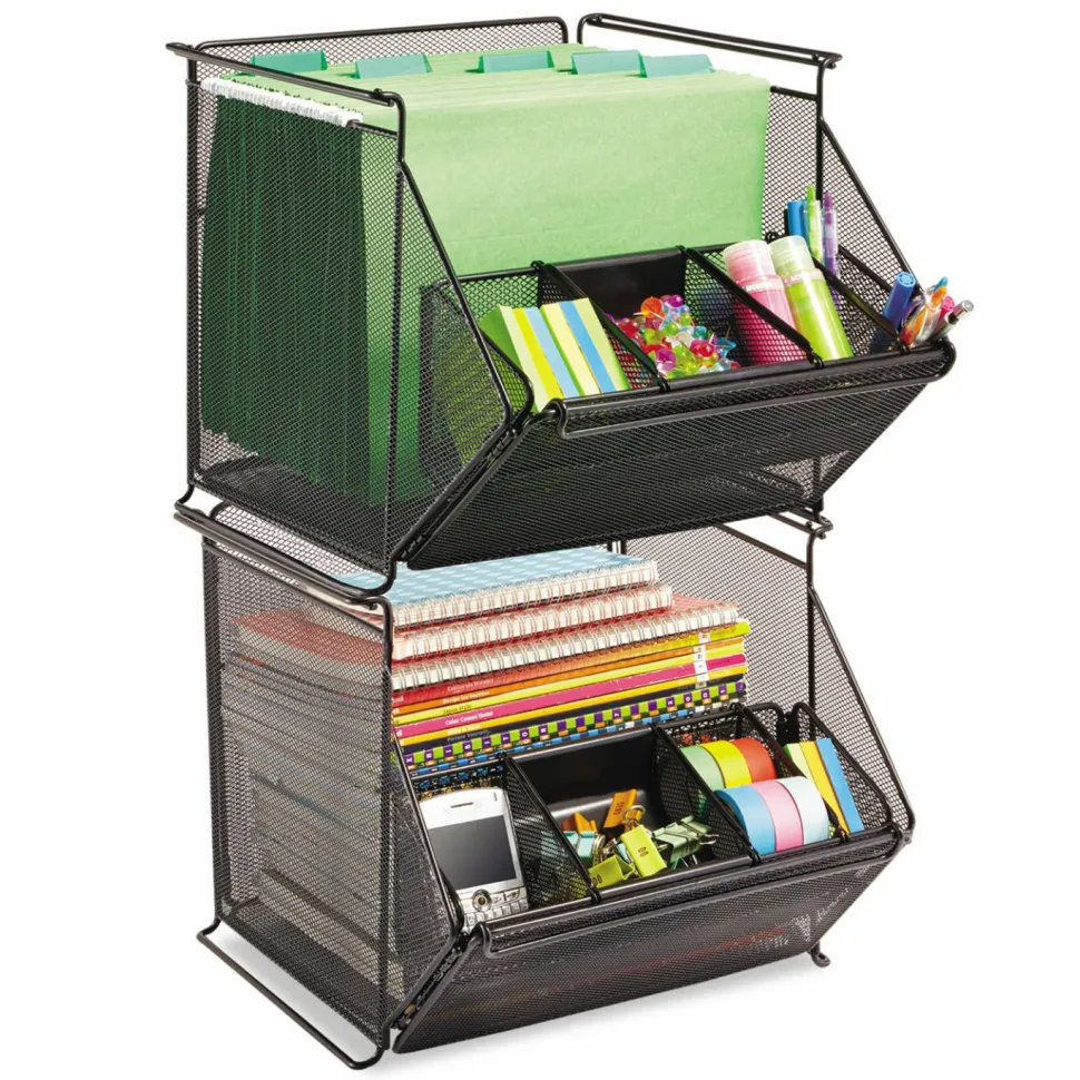 Safco Onyx Stackable Mesh Storage Bin, 4 Compartments, Steel Mesh, 14 x 15.5 x 11.75, Black