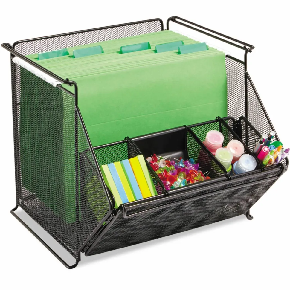 Safco Onyx Stackable Mesh Storage Bin, 4 Compartments, Steel Mesh, 14 x 15.5 x 11.75, Black