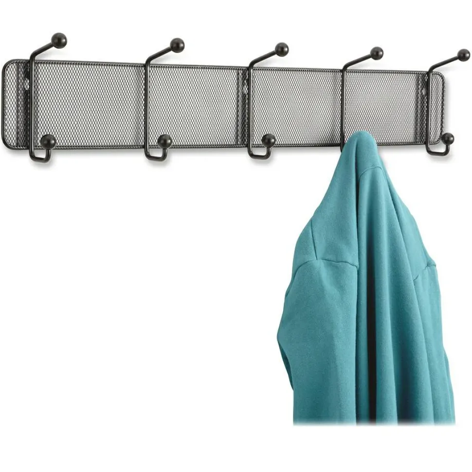 Safco Onyx Steel Mesh 5-Hook Wall Rack, 5-1/2"H x 26-3/4"W x 3"D, Black