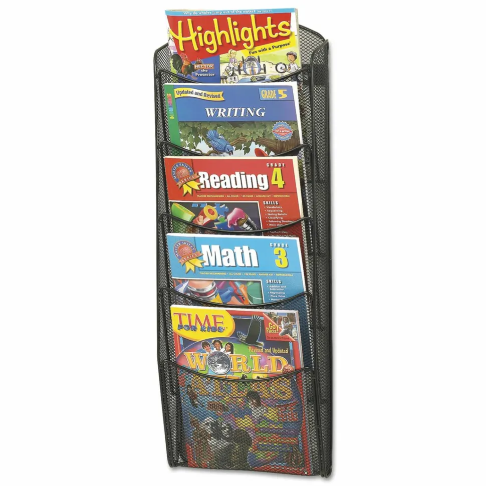 Safco 5-Pocket Mesh Magazine Rack, 28 1/3"H x 10 1/4"W x 3 1/2"D, Black
