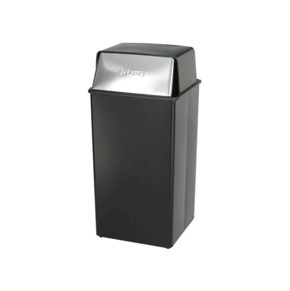 Safco Reflections Square Fire-Safe Push-Top Receptacle, 36 Gallons, 37 1/2"H x 18"W x 18"D, Black/Chrome