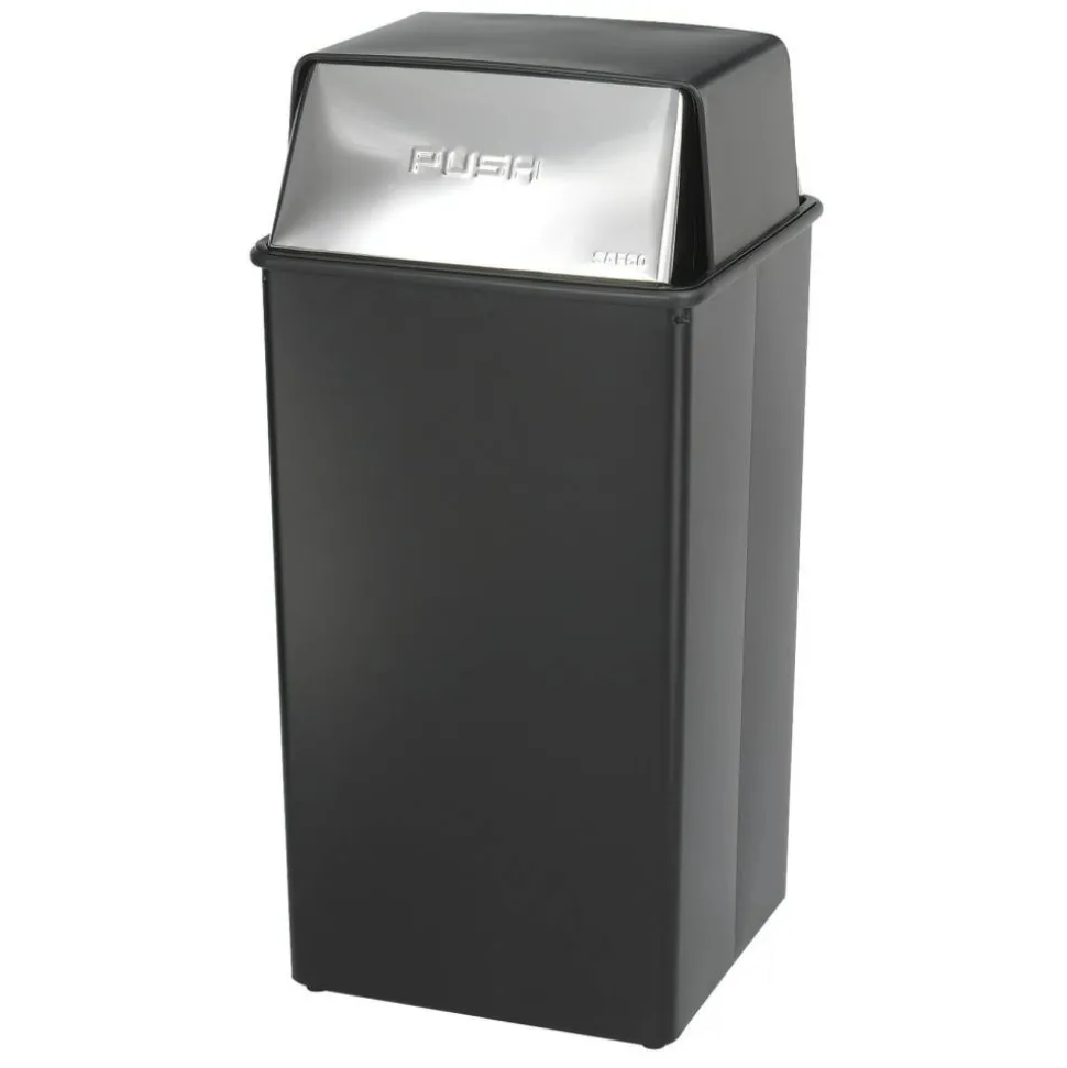 Safco Reflections Square Fire-Safe Push-Top Receptacle, 36 Gallons, 37 1/2"H x 18"W x 18"D, Black/Chrome