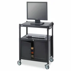 Safco Steel Adjustable AV Cart with Cabinet, Metal, 3 Shelf, 6 AC Outlets, 40 lb Capacity, 26.75 x 20.5 x 42, Black