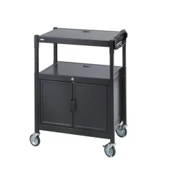Safco Steel Adjustable AV Cart with Cabinet, Metal, 3 Shelf, 6 AC Outlets, 40 lb Capacity, 26.75 x 20.5 x 42, Black