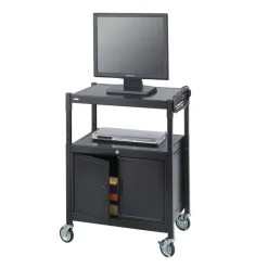 Safco Steel Adjustable AV Cart with Cabinet, Metal, 3 Shelf, 6 AC Outlets, 40 lb Capacity, 26.75 x 20.5 x 42, Black