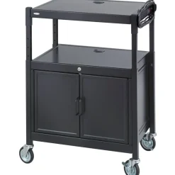 Safco Steel Adjustable AV Cart with Cabinet, Metal, 3 Shelf, 6 AC Outlets, 40 lb Capacity, 26.75 x 20.5 x 42, Black
