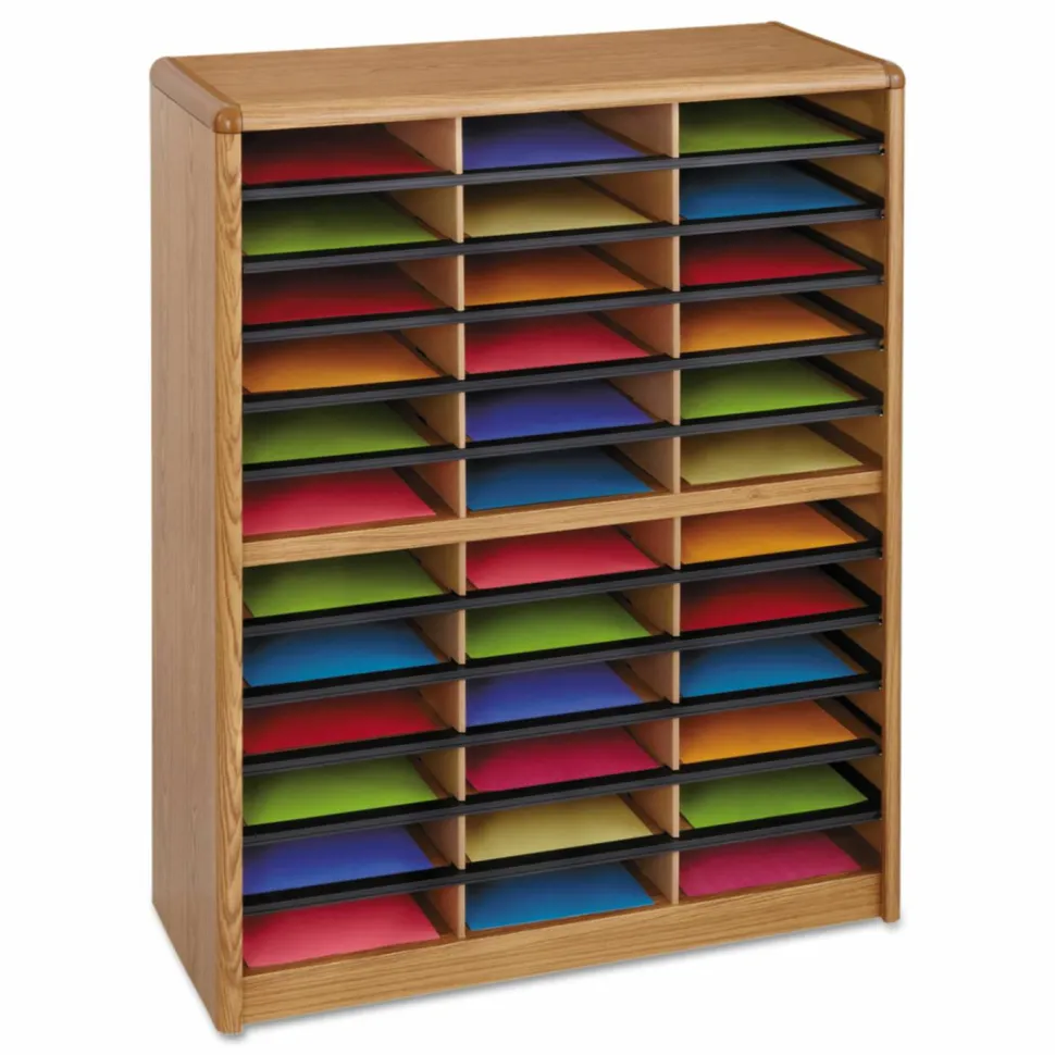 Safco Steel/Fiberboard Literature Sorter, 36 Compartments, 32.25 x 13.5 x 38, Oak