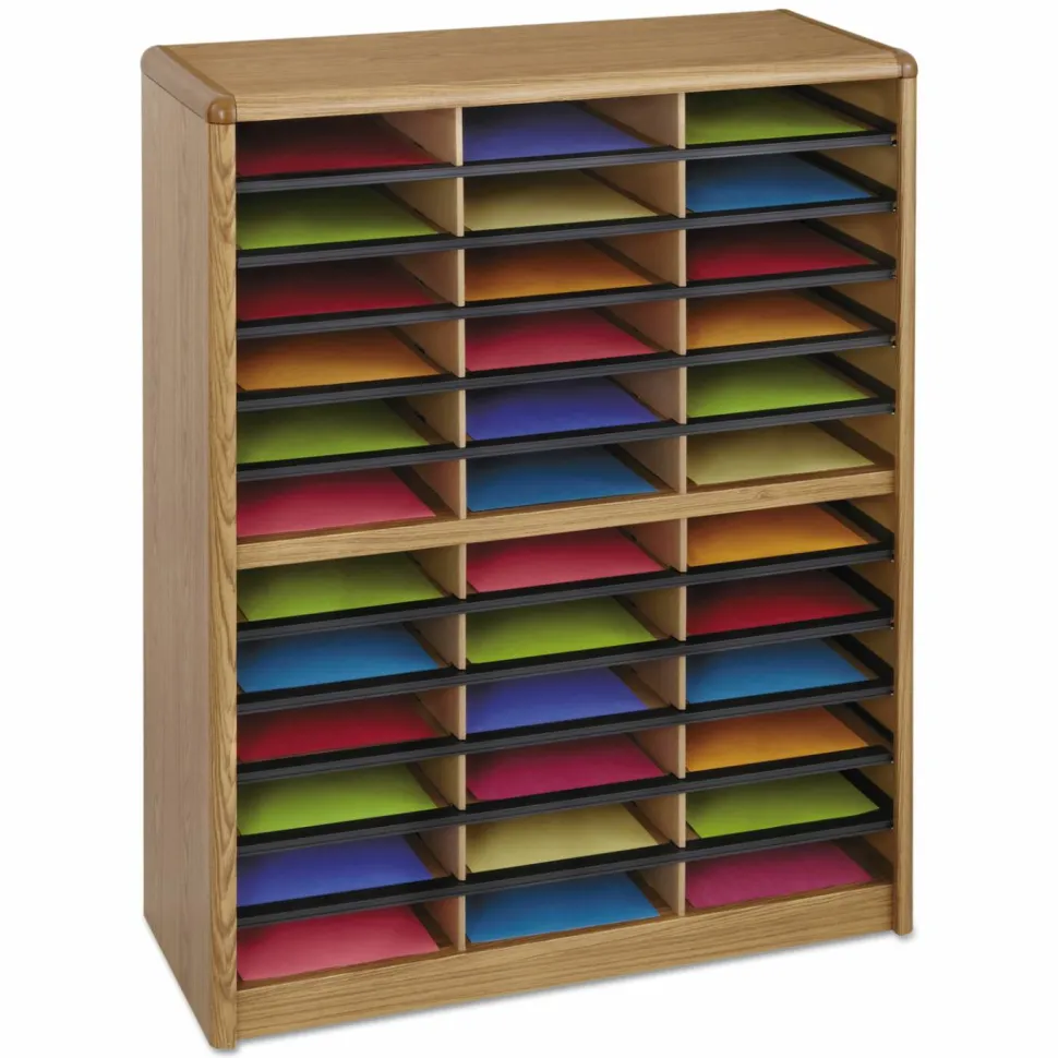 Safco Steel/Fiberboard Literature Sorter, 36 Compartments, 32.25 x 13.5 x 38, Oak