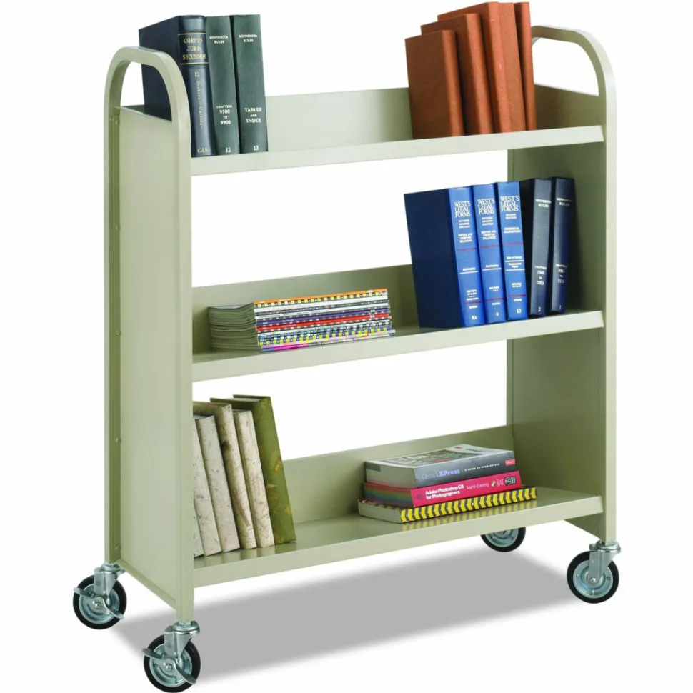Safco Steel Single-Sided Book Cart, Metal, 3 Shelves, 300 lb Capacity, 36" x 14.5" x 43.5", Sand