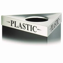 Safco Triangular Lid for Trifecta Receptacle, Laser Cut "PLASTIC" Inscription, 20w x 20d x 3h, Stainless Steel