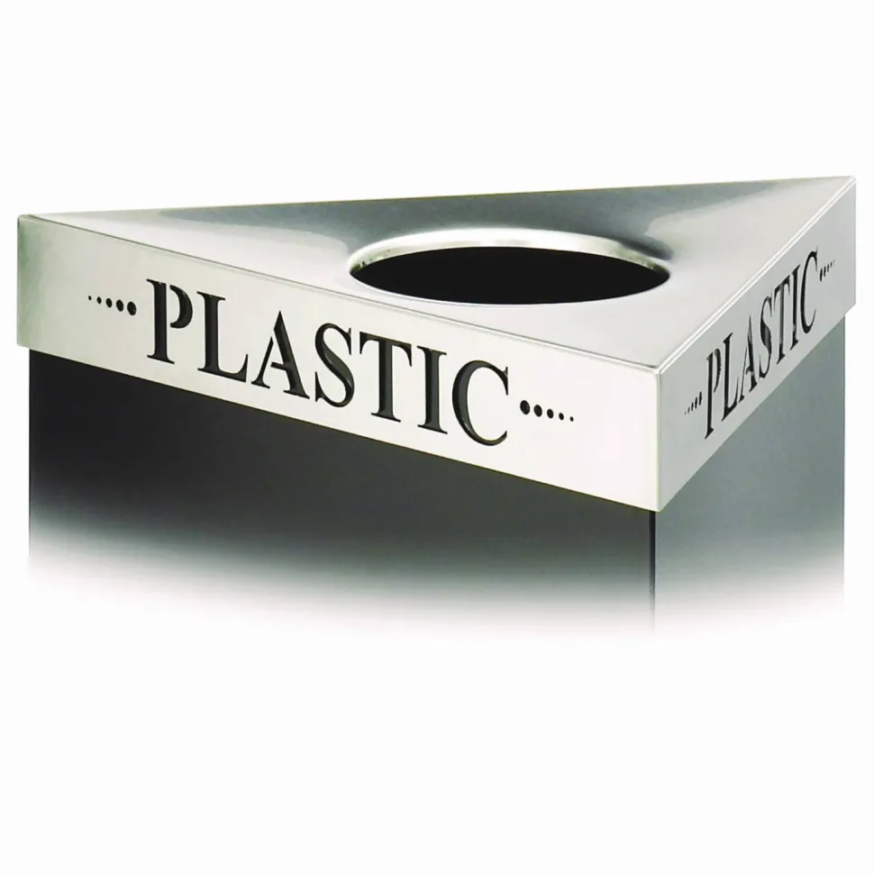 Safco Triangular Lid for Trifecta Receptacle, Laser Cut "PLASTIC" Inscription, 20w x 20d x 3h, Stainless Steel