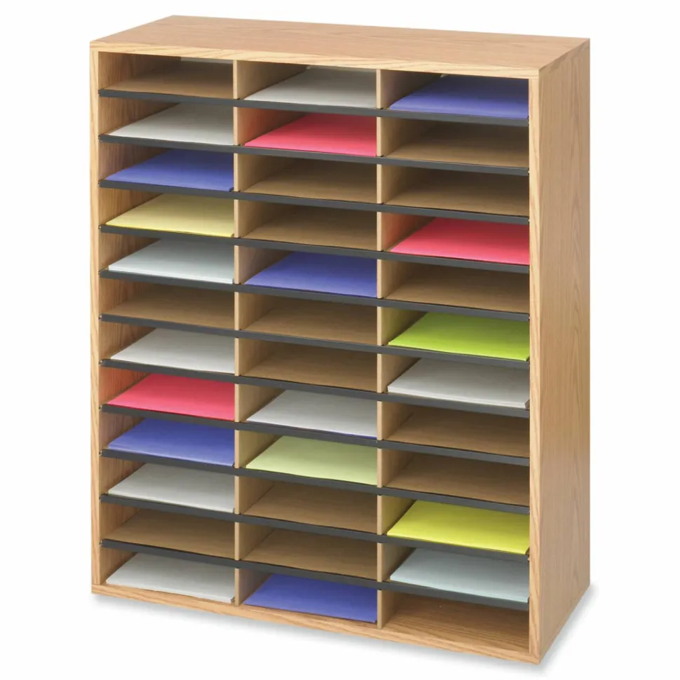 Safco Wood/Corrugated Literature Organizer, 36 Compartments, 29 x 12 x 34.5, Medium Oak