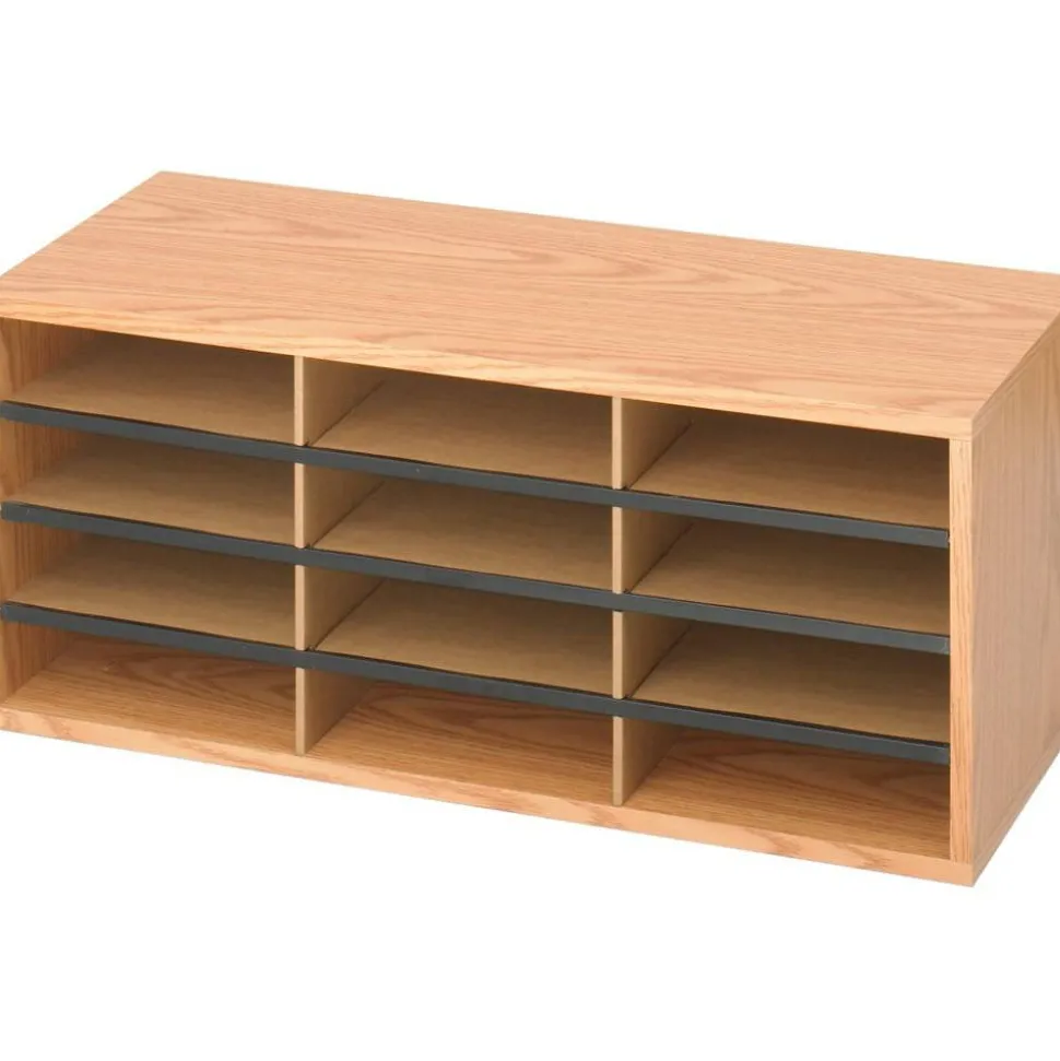 Safco Wood/Corrugated Literature Organizer, 12 Compartments, 29 x 12 x 12, Medium Oak