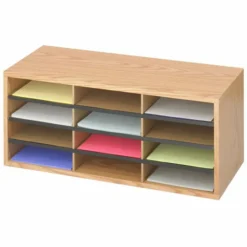 Safco Wood/Corrugated Literature Organizer, 12 Compartments, 29 x 12 x 12, Medium Oak
