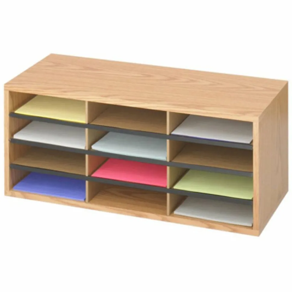 Safco Wood/Corrugated Literature Organizer, 12 Compartments, 29 x 12 x 12, Medium Oak