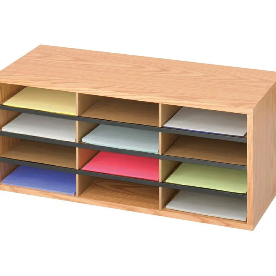 Safco Wood/Corrugated Literature Organizer, 12 Compartments, 29 x 12 x 12, Medium Oak
