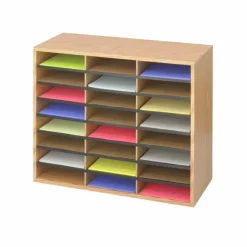 Safco Wood/Corrugated Literature Organizer, 24 Compartments, 29 x 12 x 23.5, Medium Oak