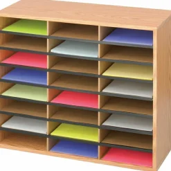 Safco Wood/Corrugated Literature Organizer, 24 Compartments, 29 x 12 x 23.5, Medium Oak
