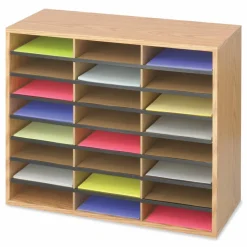 Safco Wood/Corrugated Literature Organizer, 24 Compartments, 29 x 12 x 23.5, Medium Oak