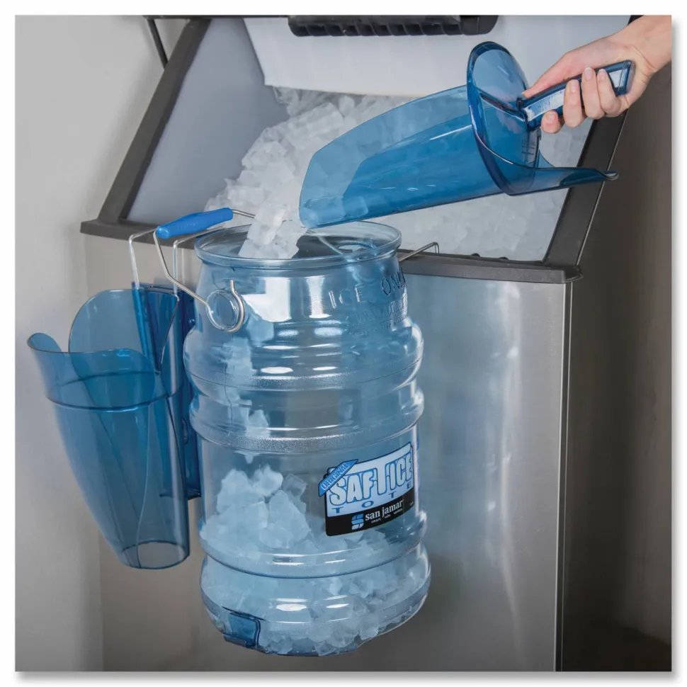 San Jamar Saf-T-Scoop and Guardian System for Ice Machines, 12 oz to 16 oz Ice Scoop, Transparent Blue, 50/Carton