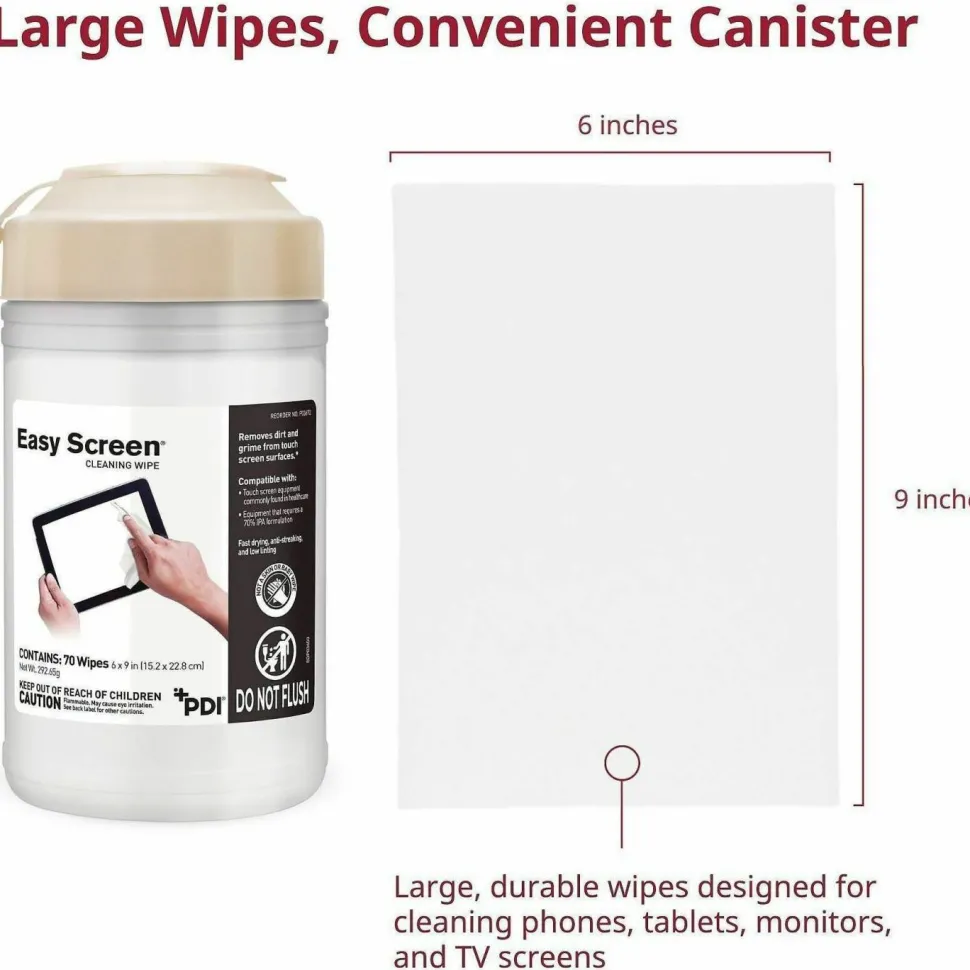 Sani Professional PDI Easy Screen Cleaning Wipes, 1-Ply, 9 x 6, Unscented, White, 70/Pack