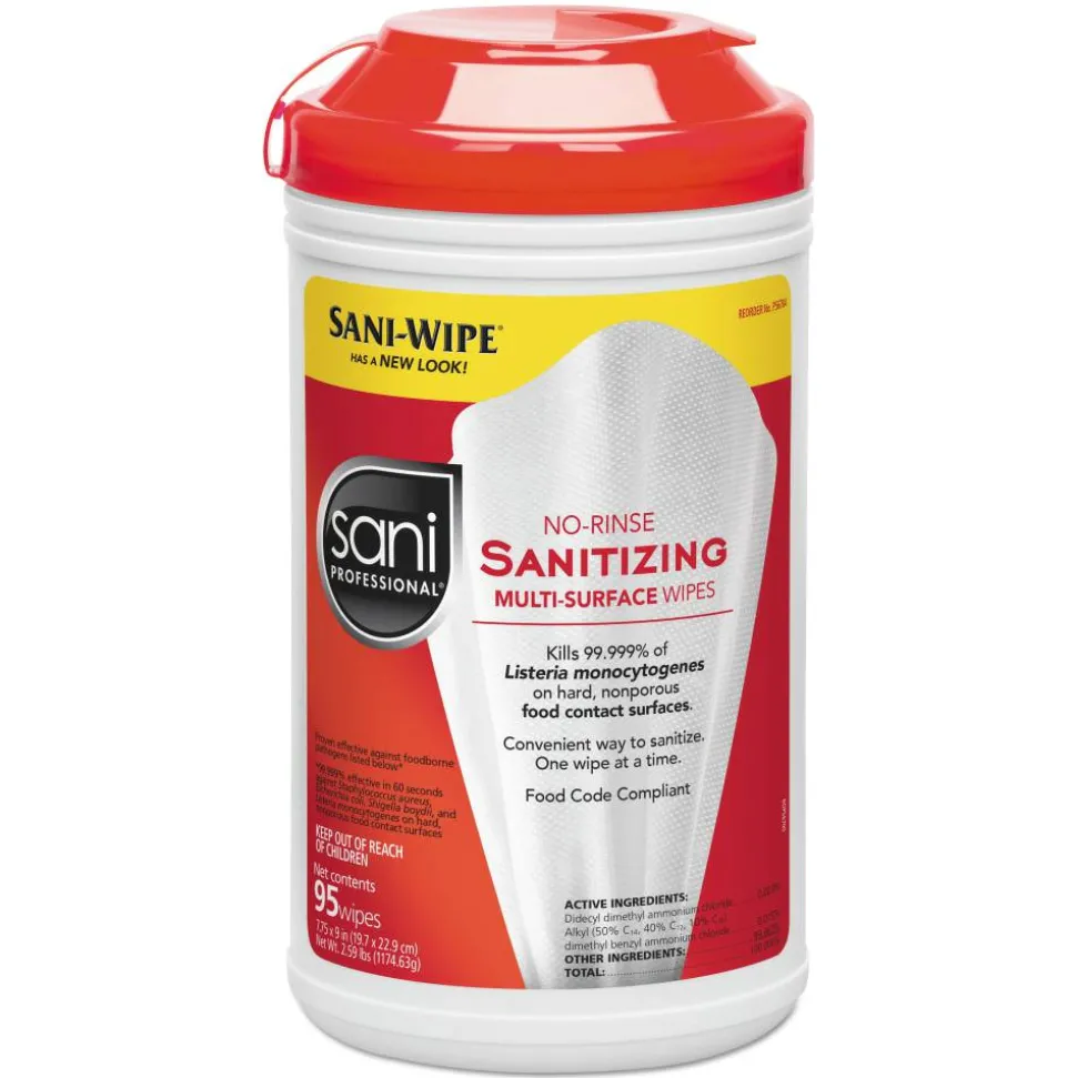 Sani Professional Table Turners No-Rinse Sanitizing Wipes, 18 Oz, 95 Wipes Per Canister, Pack Of 6 Canisters