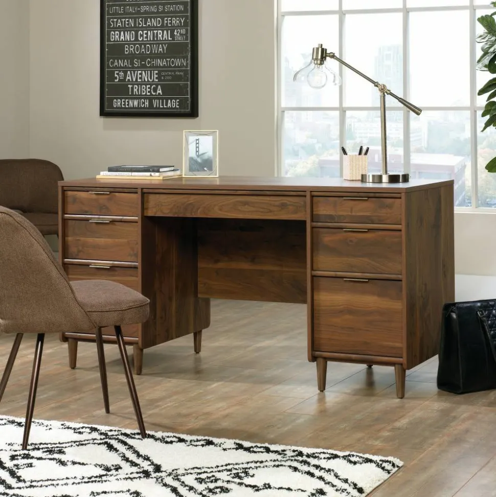 Sauder Clifford Place 59"W Mid-Century Executive Computer Desk, Grand Walnut