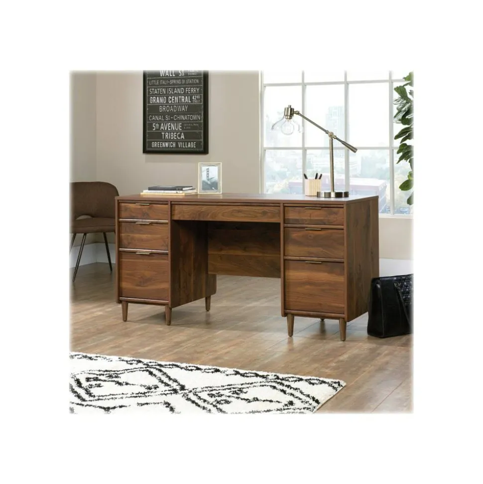 Sauder Clifford Place 59"W Mid-Century Executive Computer Desk, Grand Walnut