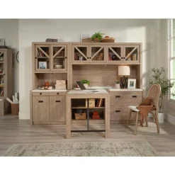 Sauder Dixon City Library 4-Shelf Bookcase With Sliding Doors And Filing Drawer, Brushed Oak/Pebble White
