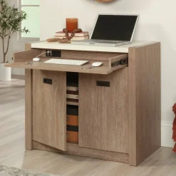 Sauder Dixon City 33"W Computer Desk Cabinet With Storage, Brushed Oak/Pebble White