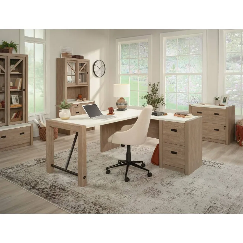 Sauder Dixon City 33"W Computer Desk Cabinet With Storage, Brushed Oak/Pebble White