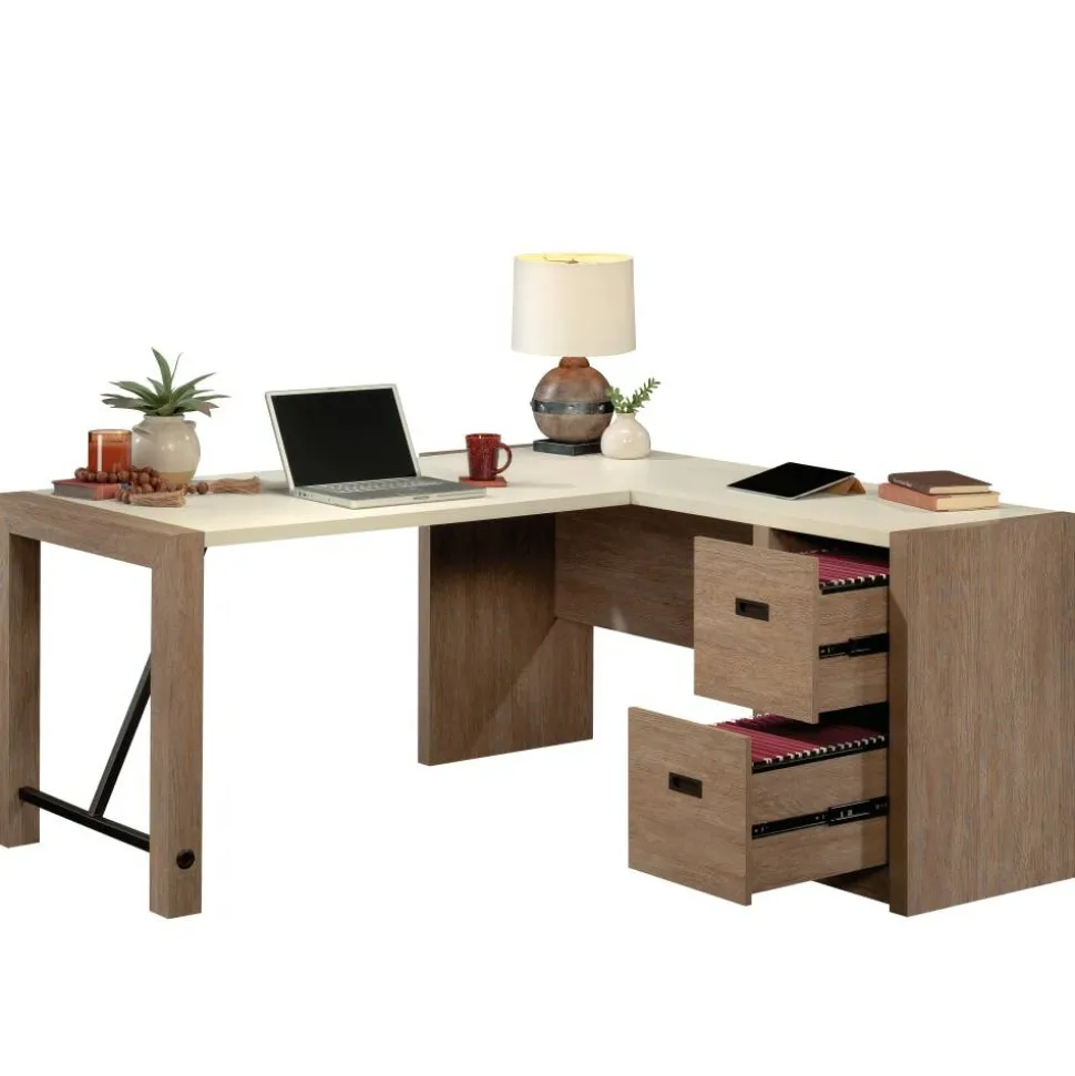 Sauder Dixon City 66"W L-Shaped Computer Desk With Drawers, Brushed Oak/Pebble White