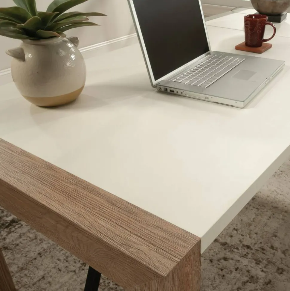 Sauder Dixon City 66"W L-Shaped Computer Desk With Drawers, Brushed Oak/Pebble White