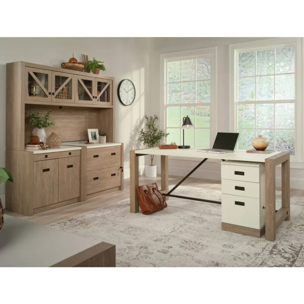 Sauder Dixon City 66"W L-Shaped Computer Desk With Drawers, Brushed Oak/Pebble White