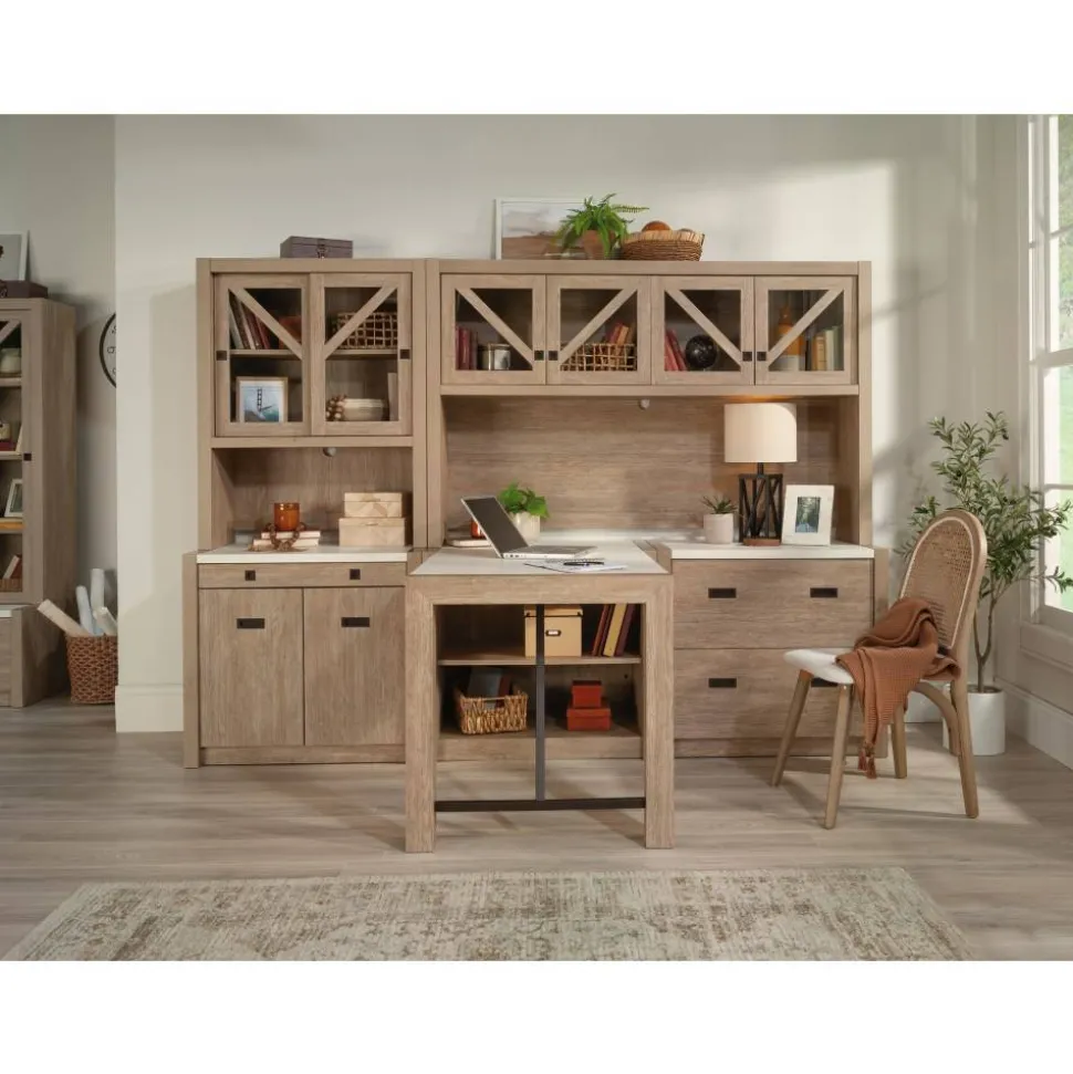 Sauder Dixon City 66"W L-Shaped Computer Desk With Drawers, Brushed Oak/Pebble White