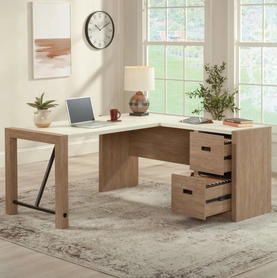 Sauder Dixon City 66"W L-Shaped Computer Desk With Drawers, Brushed Oak/Pebble White